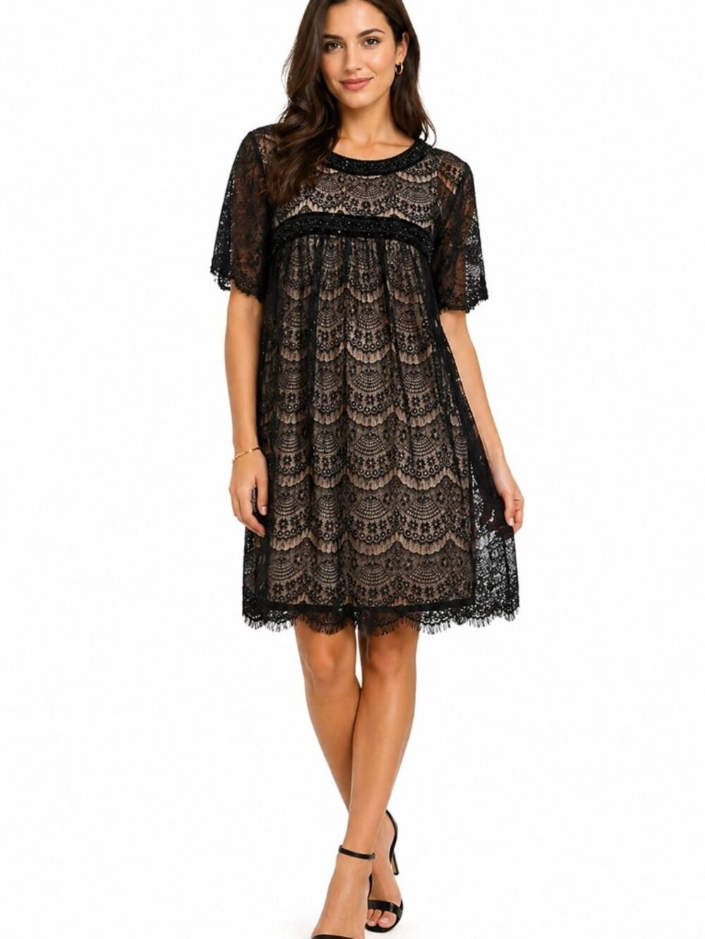 Black Lace Beaded Empire Waist Dress